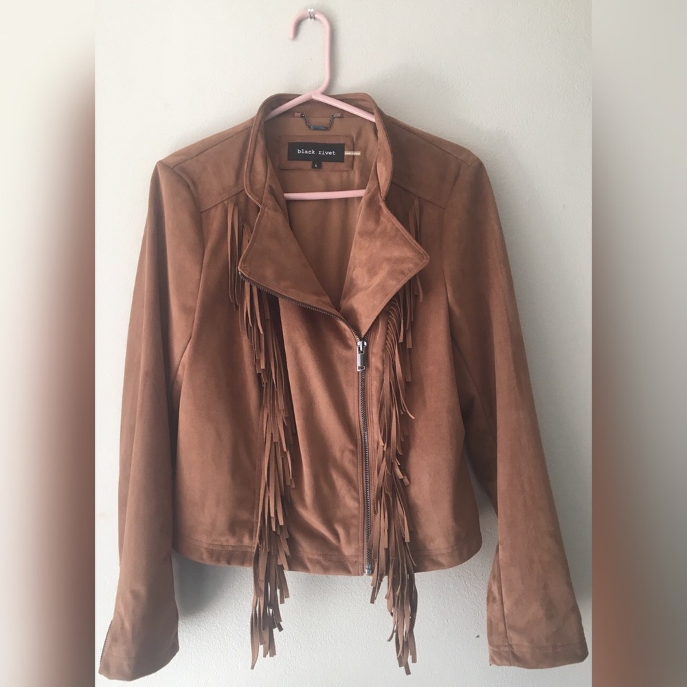 Women's Jacket - Faux Suede Fringe- Camel- L